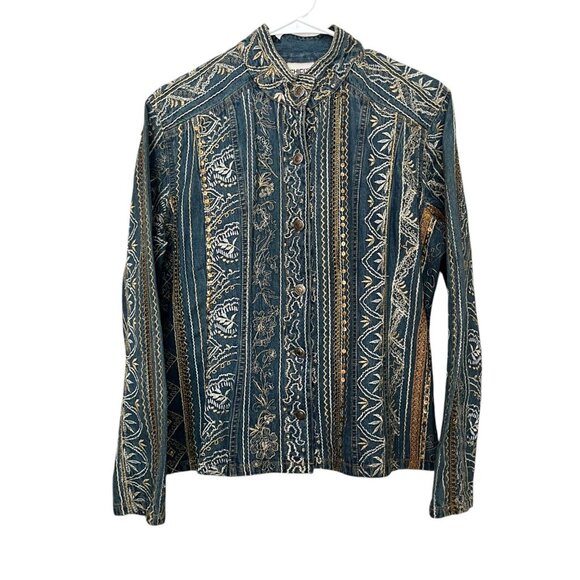 CHICO'S Denim Gold All Over Embroidered Sequinned Button Down Show Shirt Size M - Picture 1 of 10